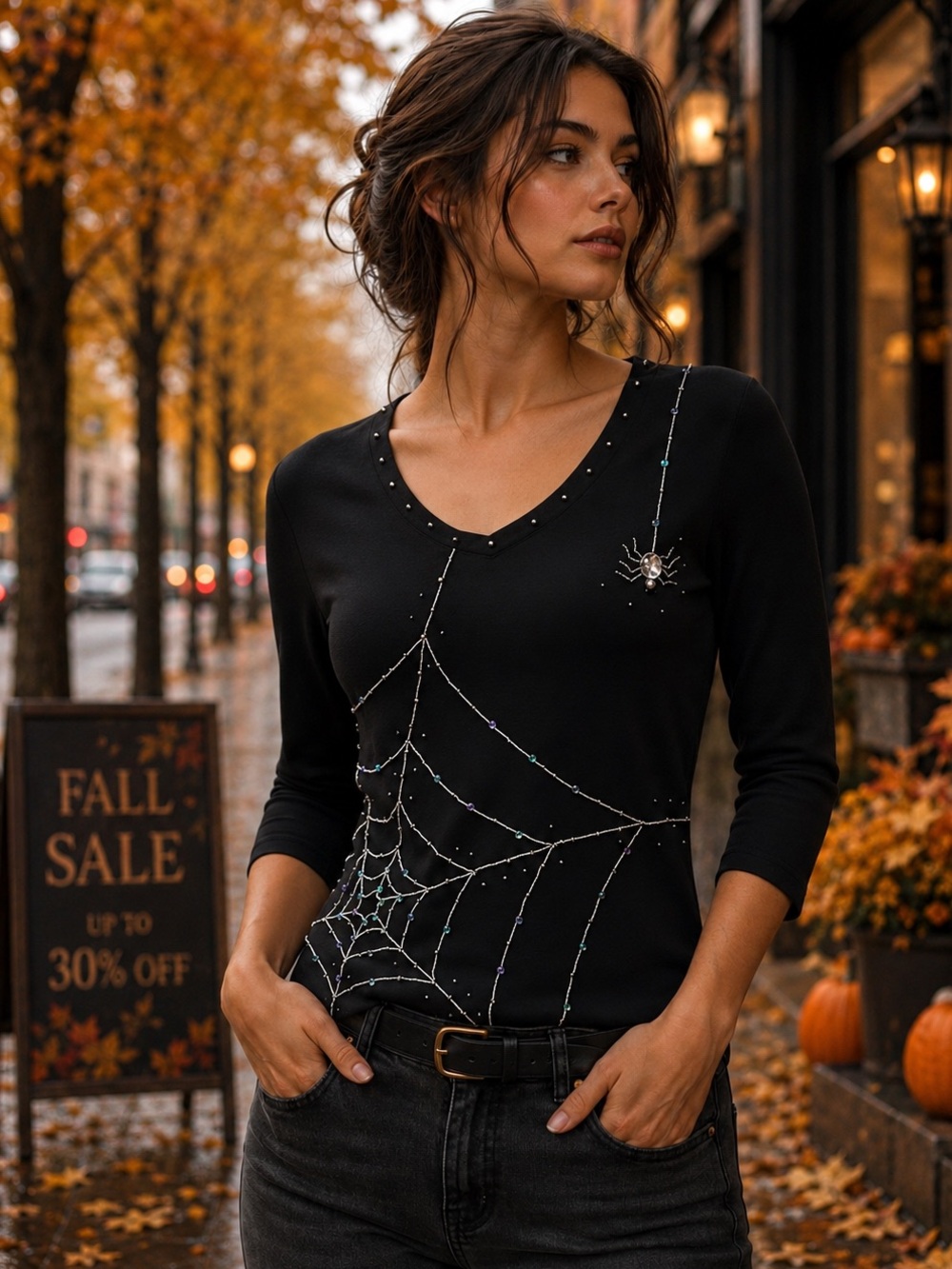 NWT Black 100% Cotton 3/4 Sleeve Top Sweater Embellished Spider Web Halloween L